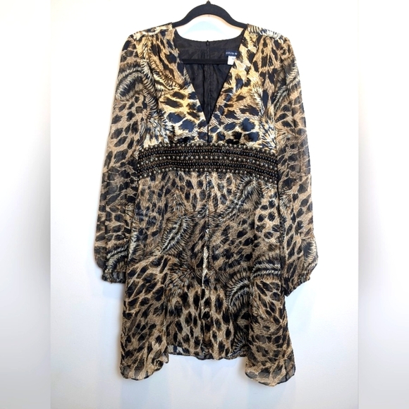 Boston Proper Vintage Silk Sheer Animal Print Beaded Waist Dress Size Medium - Picture 1 of 9